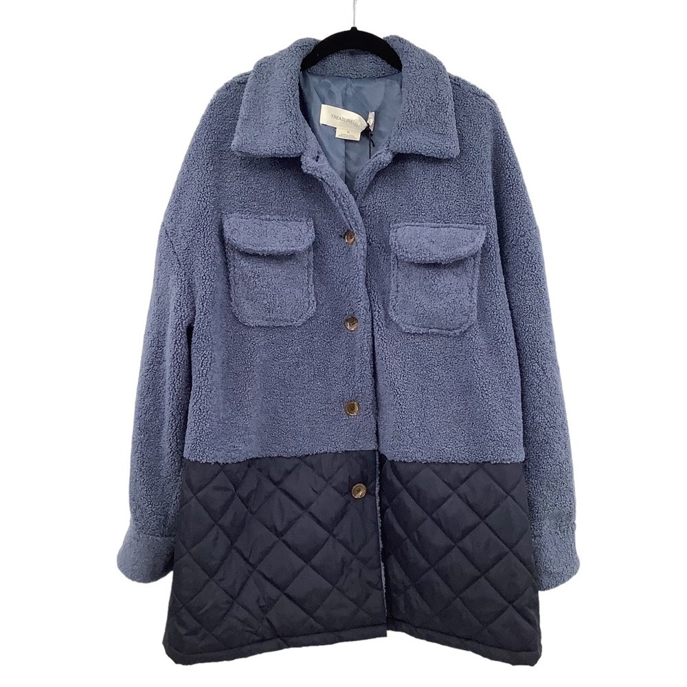 Treasure & Bond Blue Faux Fur Quilted Oversize Coat Jacket Size Medium NWT